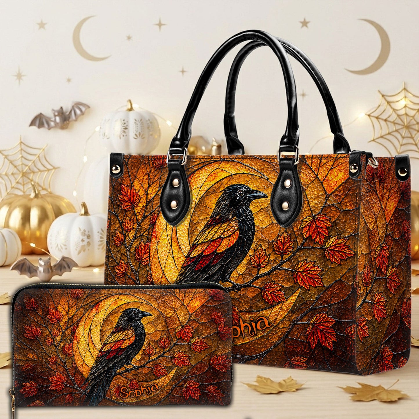 Personalized Raven Halloween 3D Printed  Leather Handbag, Wallet UKND6170702