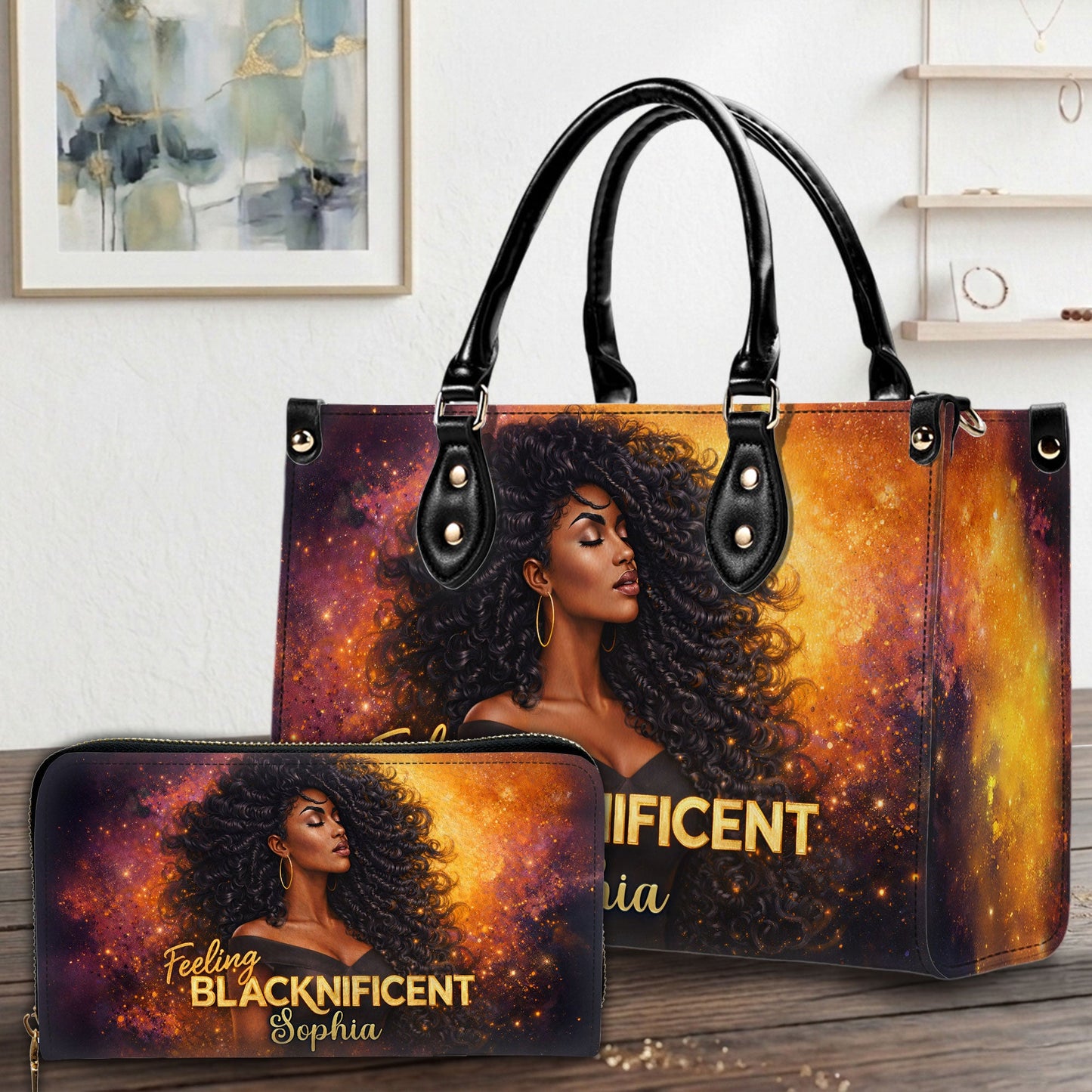 Personalized Black Women Leather Handbag With Wallet UKND6050301