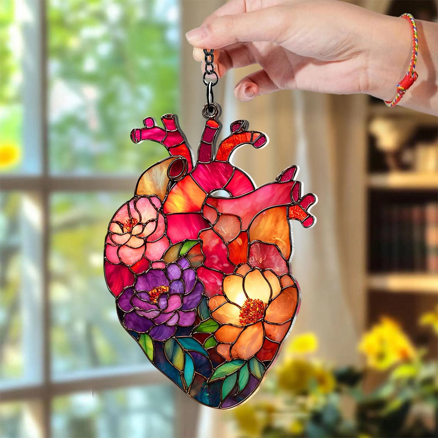 Anatomical Heart Floral Faux Stained Glass Acrylic Suncatcher, Medical Window Hanging Decor