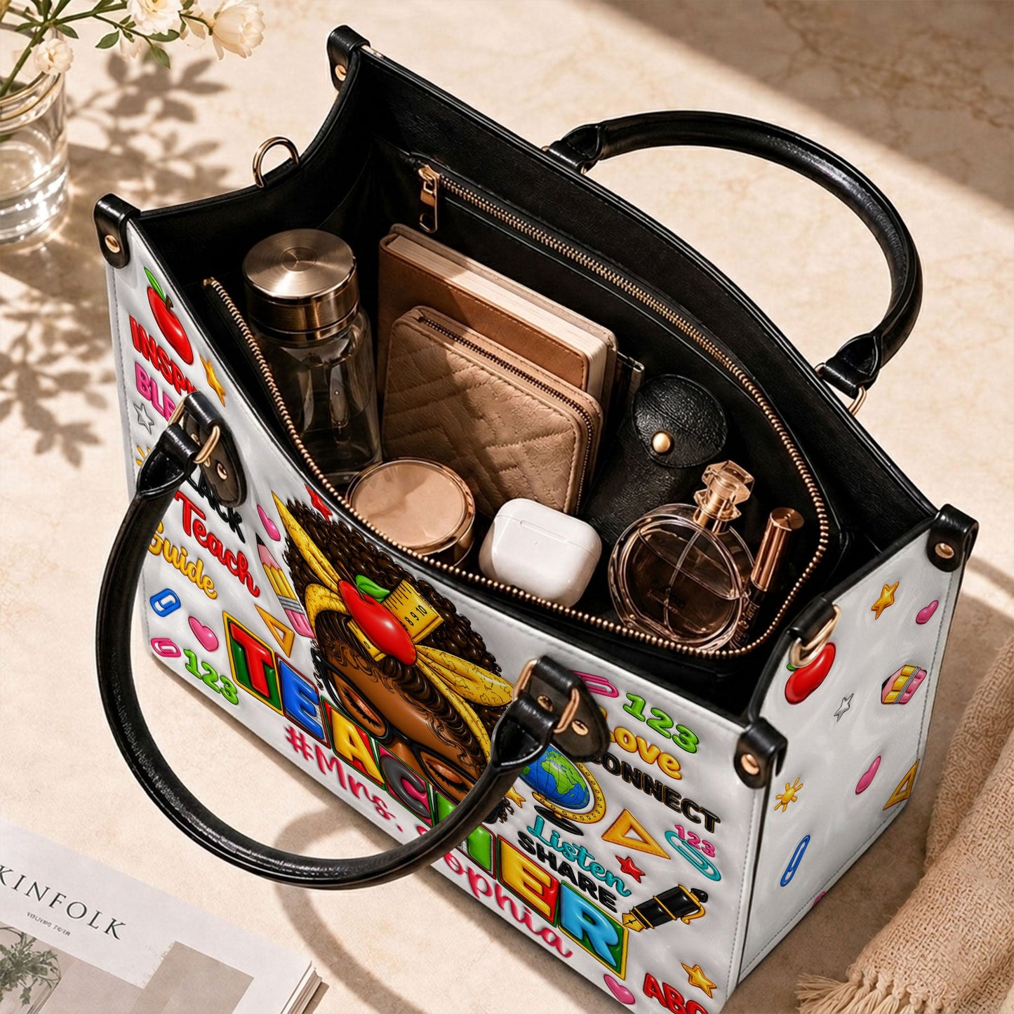 Personalized Teacher Black Women Leather Handbag UKND6080603