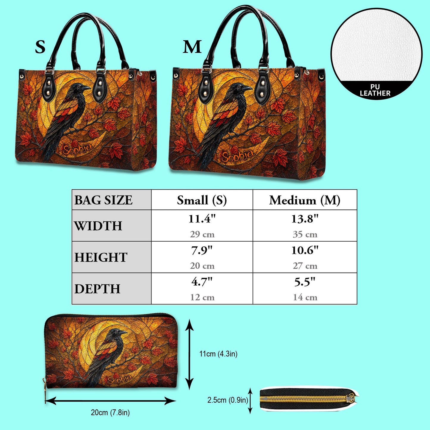 Personalized Raven Halloween 3D Printed  Leather Handbag, Wallet UKND6170702