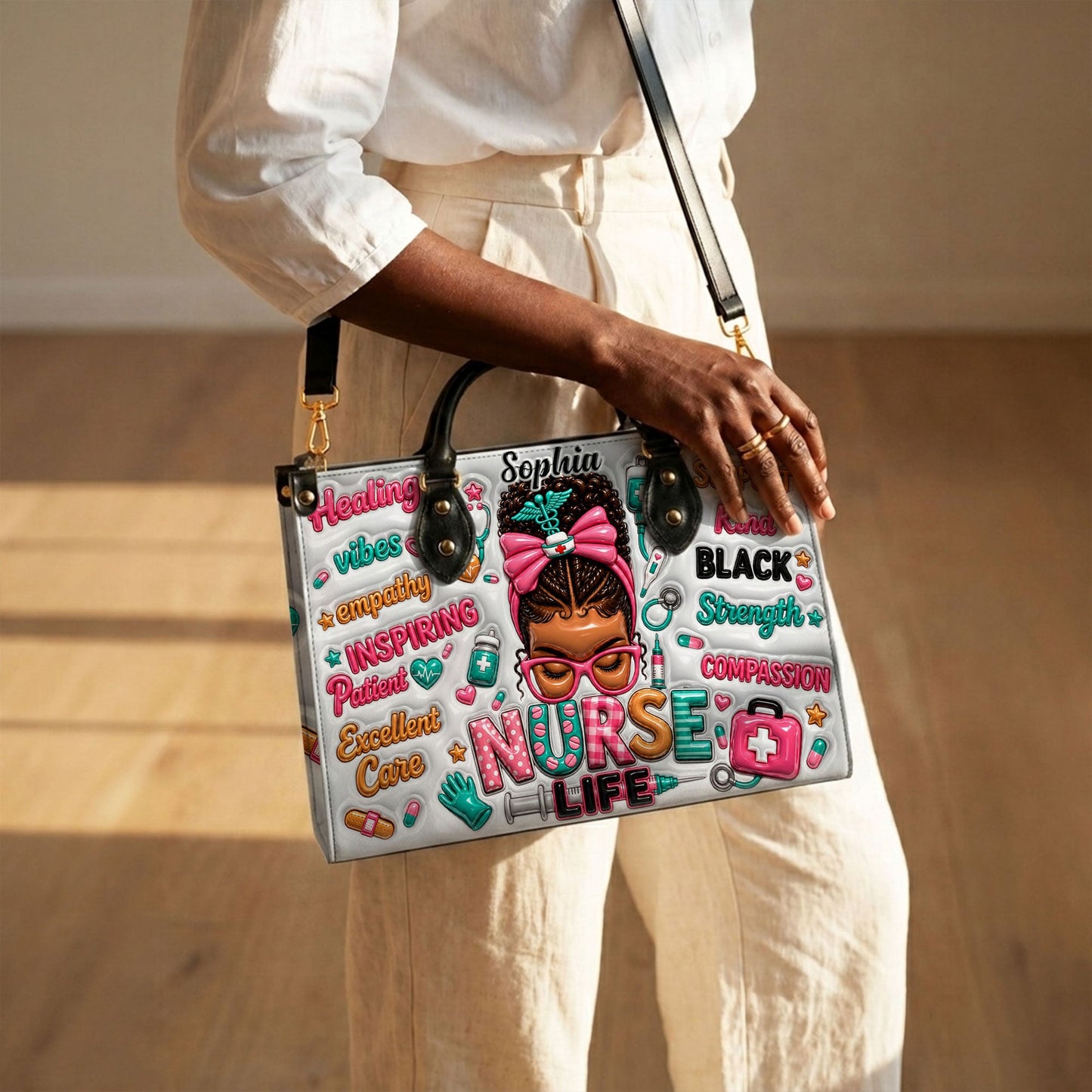 Personalized Nurse Black Women Leather Handbag UKND6050603