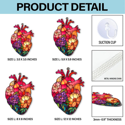 Anatomical Heart Floral Faux Stained Glass Acrylic Suncatcher, Medical Window Hanging Decor