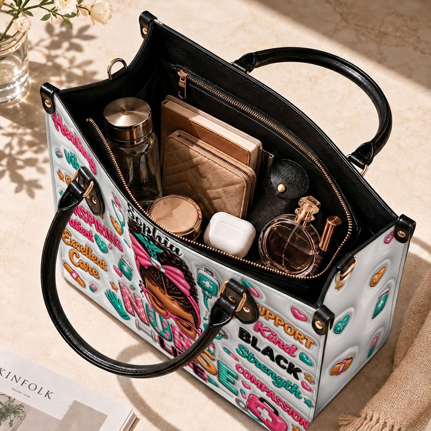 Personalized Nurse Black Women Leather Handbag UKND6050603