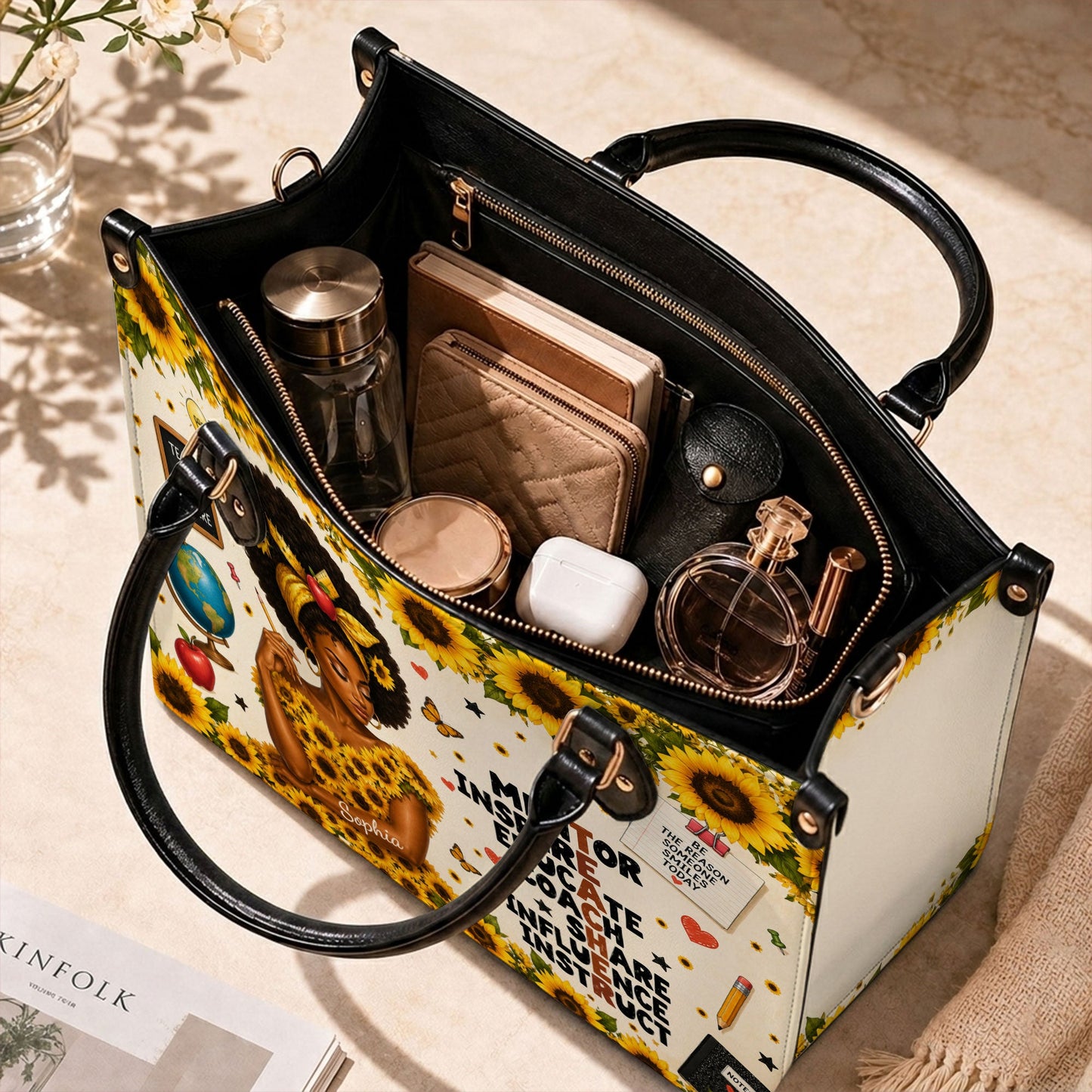 Personalized Teacher Black Women Leather Handbag UKND6030603