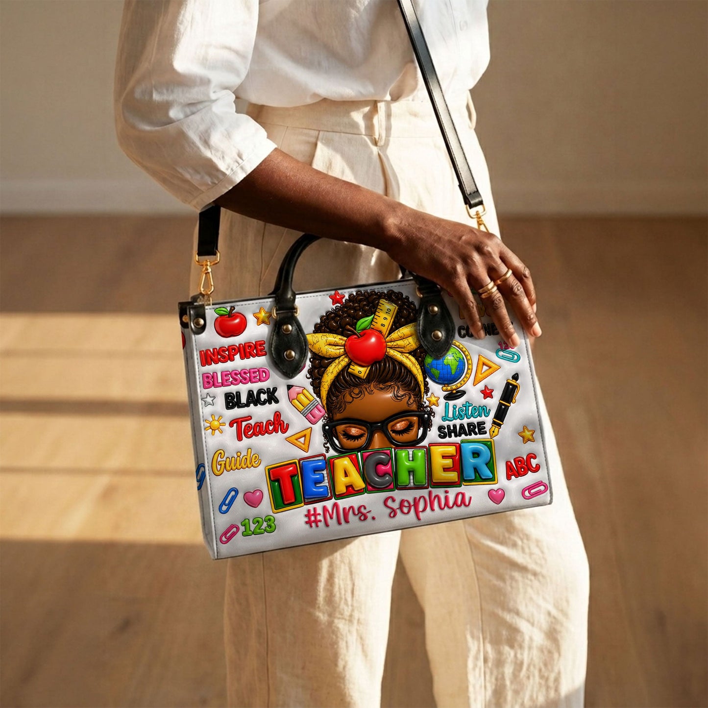 Personalized Teacher Black Women Leather Handbag UKND6080603