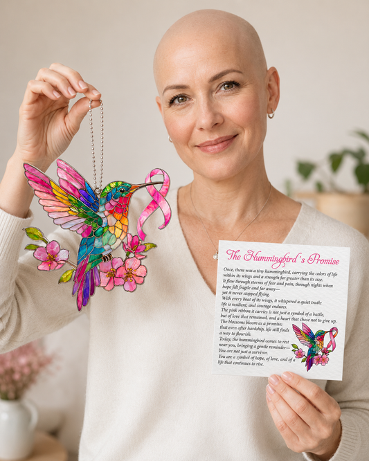 Breast Cancer Hummingbird Ribbon Acrylic Suncatcher & Card QFTD6020101