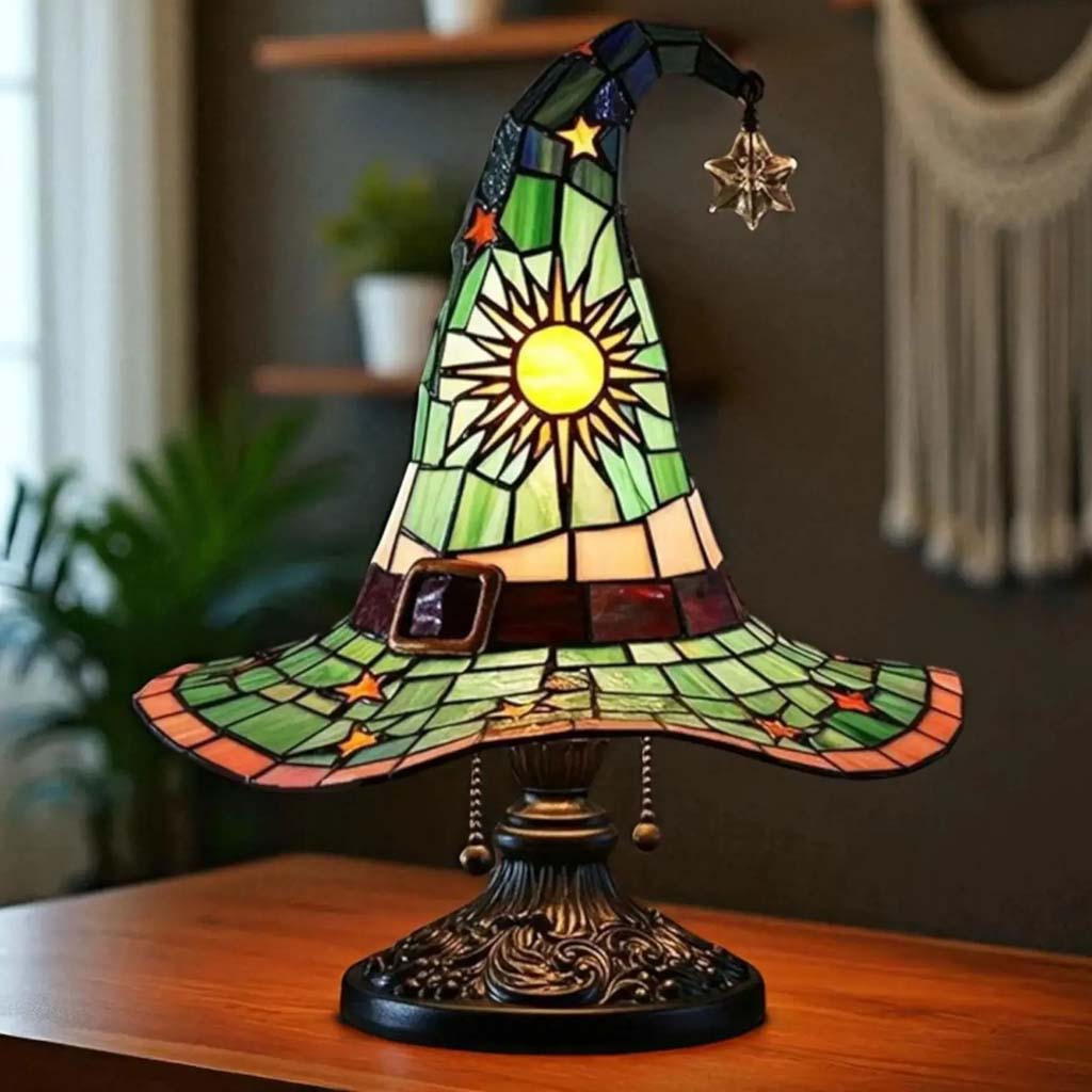 Stained Glass Witch Hat Lamp, Halloween LED Desk Light for Home Bar Cafe Decor QFTD5150805