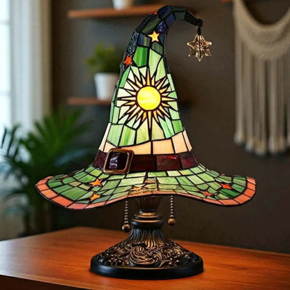 Stained Glass Witch Hat Lamp, Halloween LED Desk Light for Home Bar Cafe Decor QFTD5150805