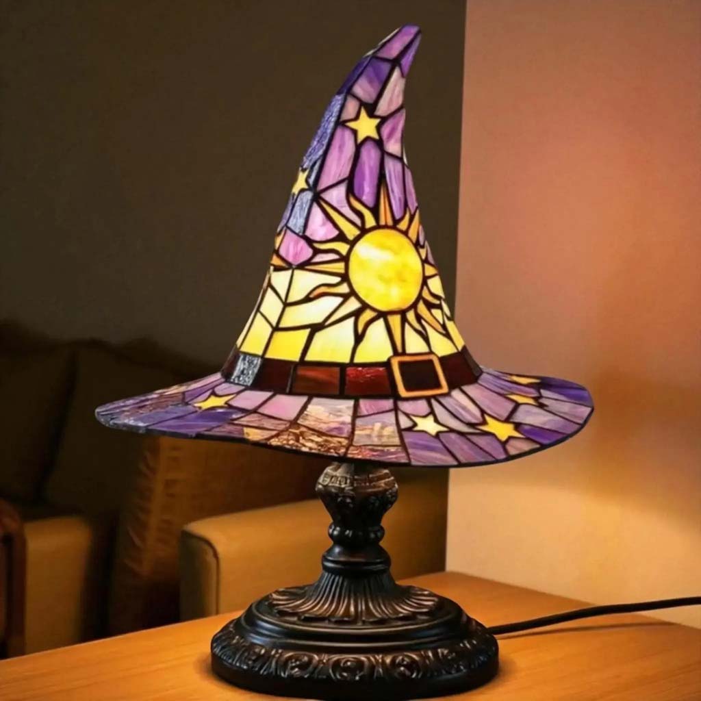 Stained Glass Witch Hat Lamp, Halloween LED Desk Light for Home Bar Cafe Decor QFTD5150805