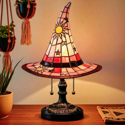 Stained Glass Witch Hat Lamp, Halloween LED Desk Light for Home Bar Cafe Decor QFTD5150805