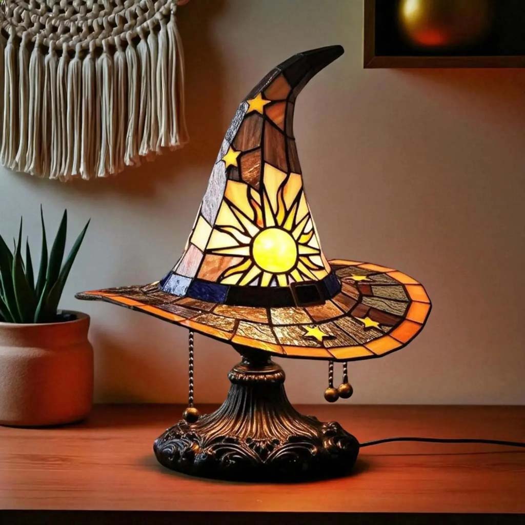 Stained Glass Witch Hat Lamp, Halloween LED Desk Light for Home Bar Cafe Decor QFTD5150805