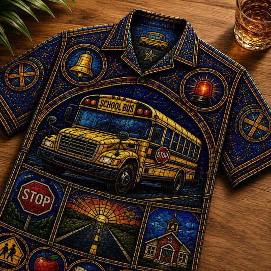 School Bus Stained Glass Hawaiian Shirt - Unisex Cathedral Window QFND6160622