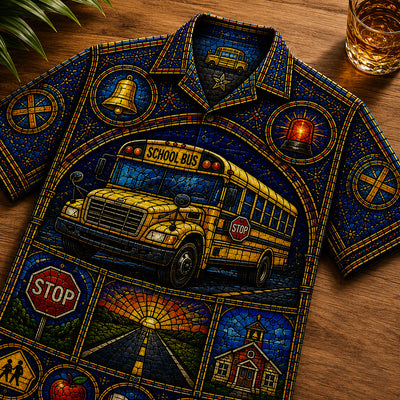 School Bus Stained Glass Hawaiian Shirt - Unisex Cathedral Window QFND6160622