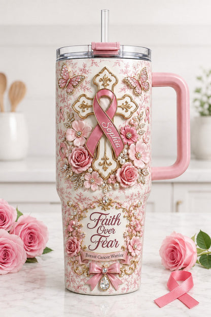 Personalized Breast Cancer 40 Oz Tumbler, Faith Over Fear Tumbler, Pink Ribbon Christian Gift, Breast Cancer Warrior Gift QFTD6110802