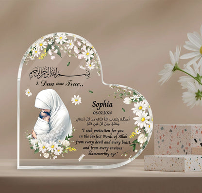 Personalized Muslim Newborn Baby Heart Acrylic Plaque, Islamic Newborn Baby Gift, Personalized Muslim Mom and Baby Gift, Islamic Nursery
