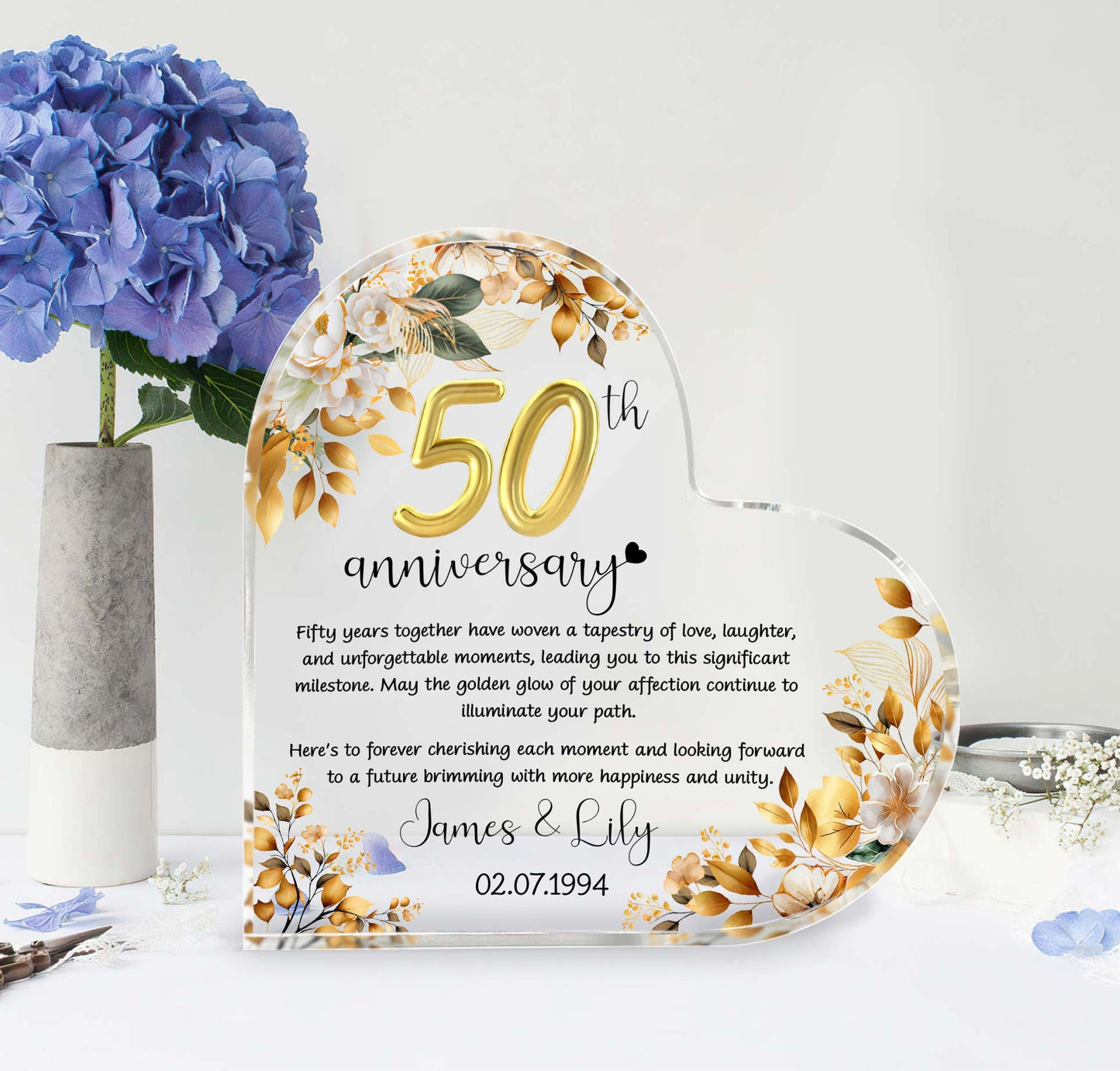 Personalized 50th Wedding Anniversary Heart Acrylic Plaque, Golden Anniversary Gifts, Anniversary Gifts For Parents, Husband, Wife