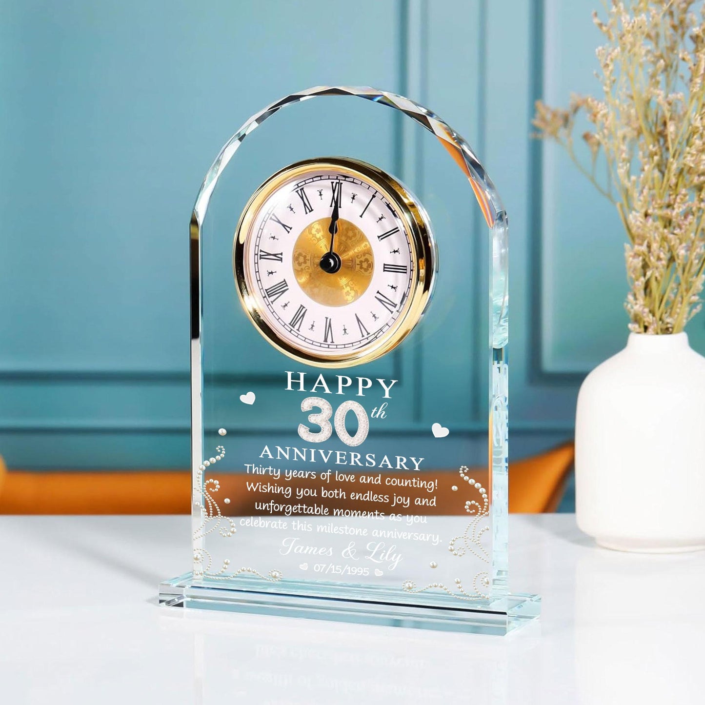 Custom 30th Pearl Anniversary Wedding Gift, 30 Years of Marriage Acrylic Desk Table Clock, 30th Wedding for Couple, Parents, Grandparents