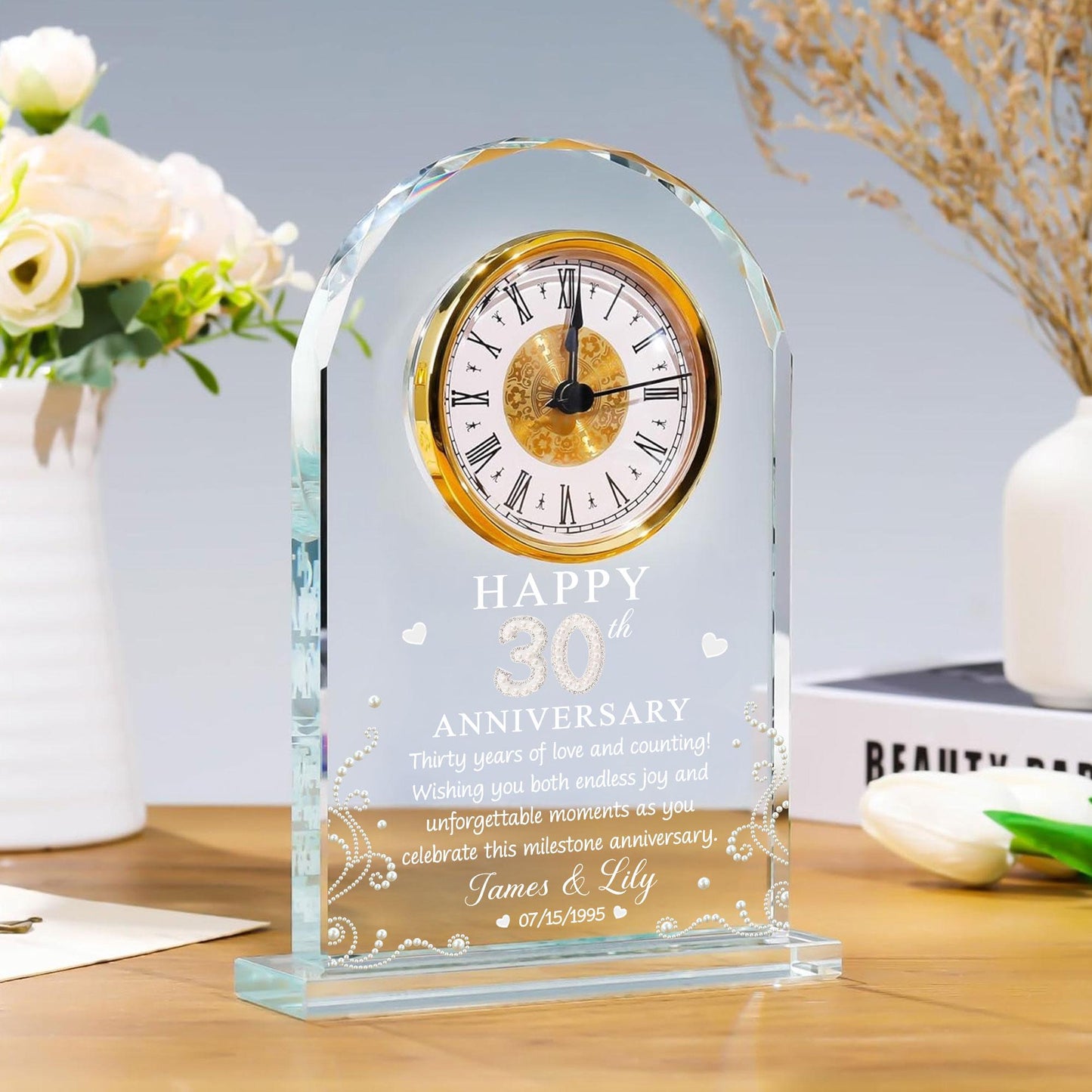Custom 30th Pearl Anniversary Wedding Gift, 30 Years of Marriage Acrylic Desk Table Clock, 30th Wedding for Couple, Parents, Grandparents