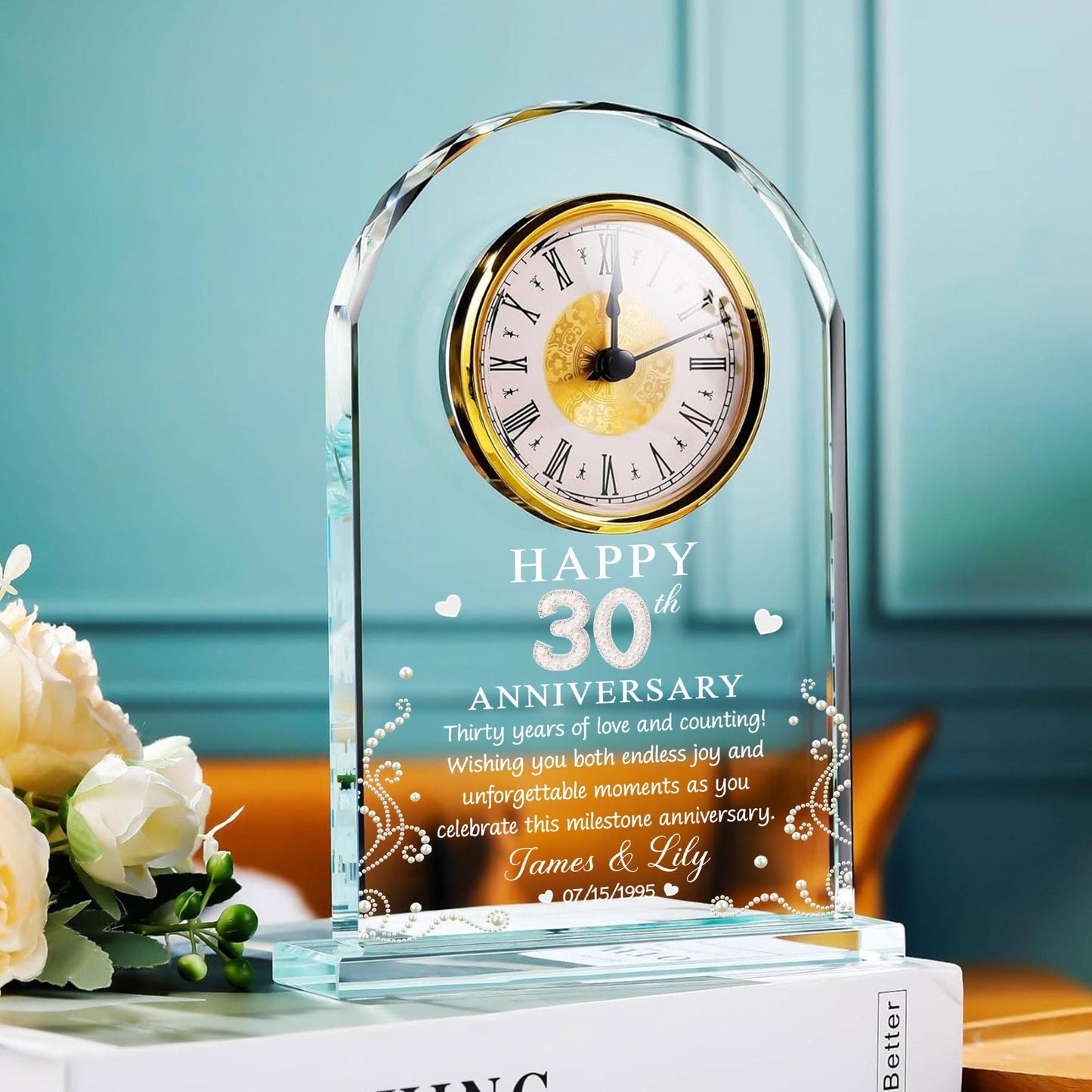 Custom 30th Pearl Anniversary Wedding Gift, 30 Years of Marriage Acrylic Desk Table Clock, 30th Wedding for Couple, Parents, Grandparents