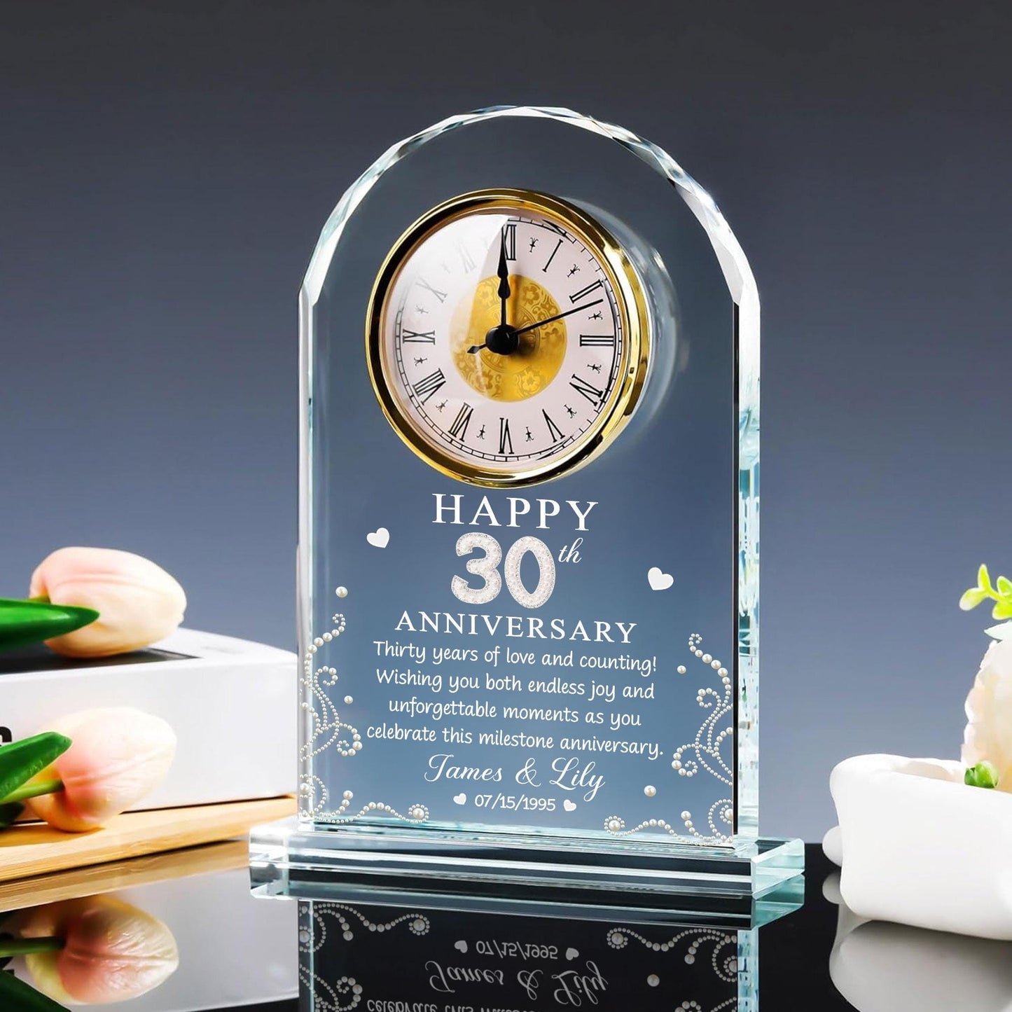Custom 30th Pearl Anniversary Wedding Gift, 30 Years of Marriage Acrylic Desk Table Clock, 30th Wedding for Couple, Parents, Grandparents