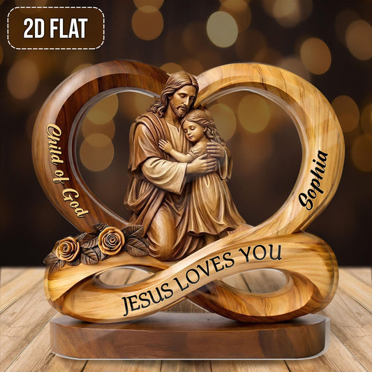 Faux Wood Jesus Loves You Infinity Acrylic Plaque, Personalized Christian Gift, Child of God Custom Name Sign, Religious Home Decor