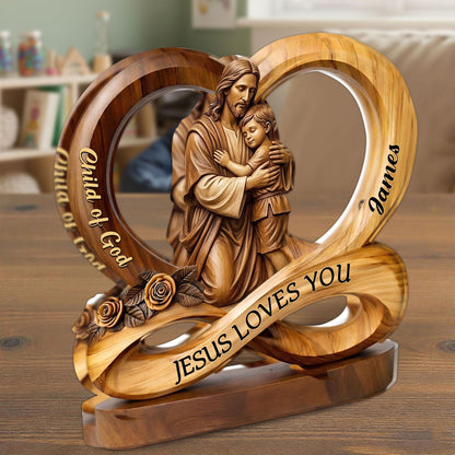 Faux Wood Jesus Loves You Infinity Acrylic Plaque, Personalized Christian Gift, Child of God Custom Name Sign, Religious Home Decor