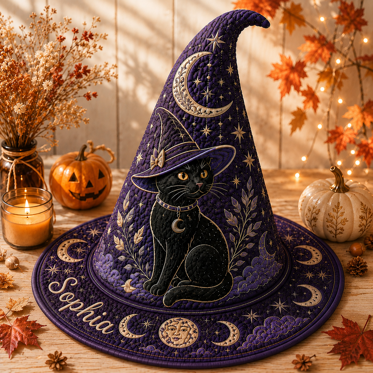 Personalized Black Cat Halloween Quilted Witch Hat UKND6070812