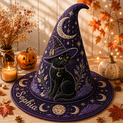 Personalized Black Cat Halloween Quilted Witch Hat UKND6070812