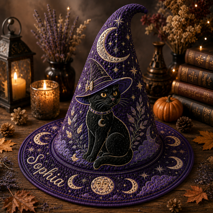Personalized Black Cat Halloween Quilted Witch Hat UKND6070812