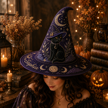 Personalized Black Cat Halloween Quilted Witch Hat UKND6070812