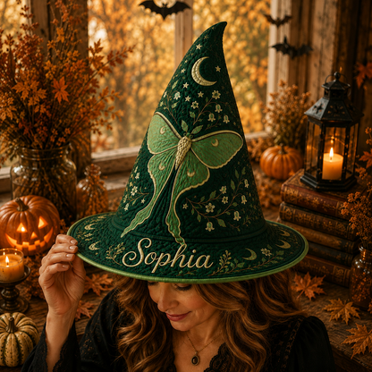Personalized Luna Moth Quilted Witch Hat, Celestial Moon Phase Halloween Decor UKND6070811