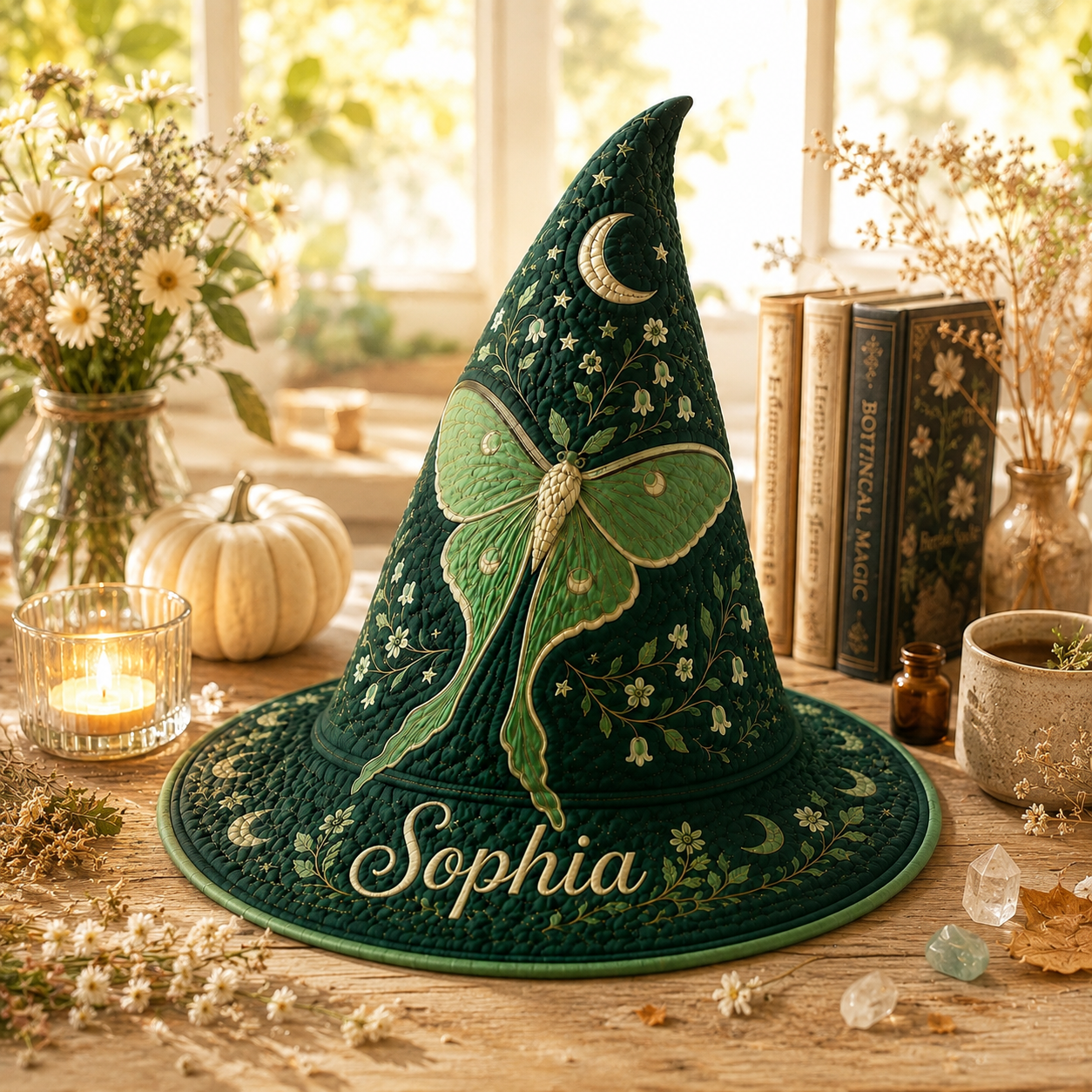 Personalized Luna Moth Quilted Witch Hat, Celestial Moon Phase Halloween Decor UKND6070811