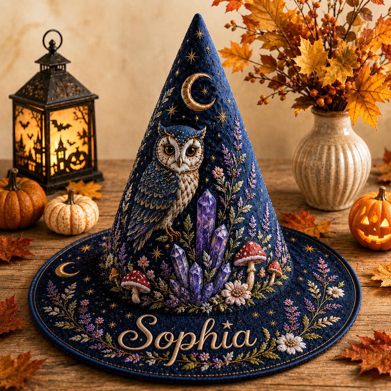 Personalized Owl Halloween Quilted Witch Hat UKND6070810