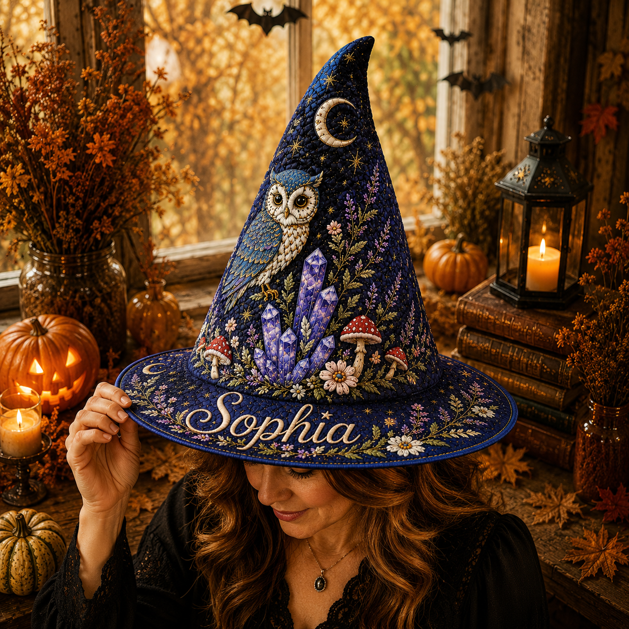 Personalized Owl Halloween Quilted Witch Hat UKND6070810