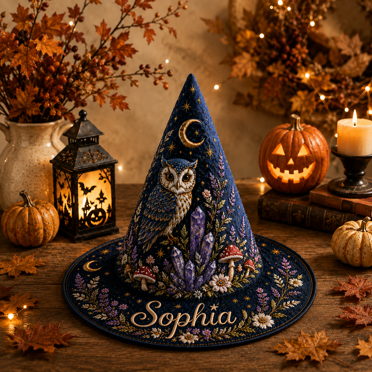 Personalized Owl Halloween Quilted Witch Hat UKND6070810