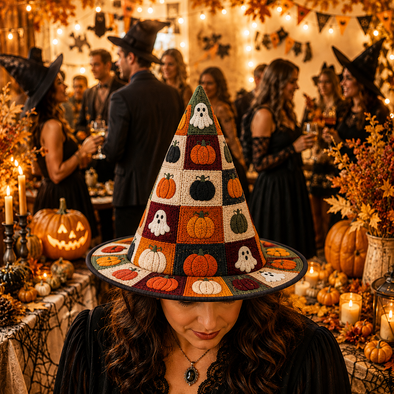 Ghost And Pumpkin Halloween Quilted Witch Hat UKND6070815