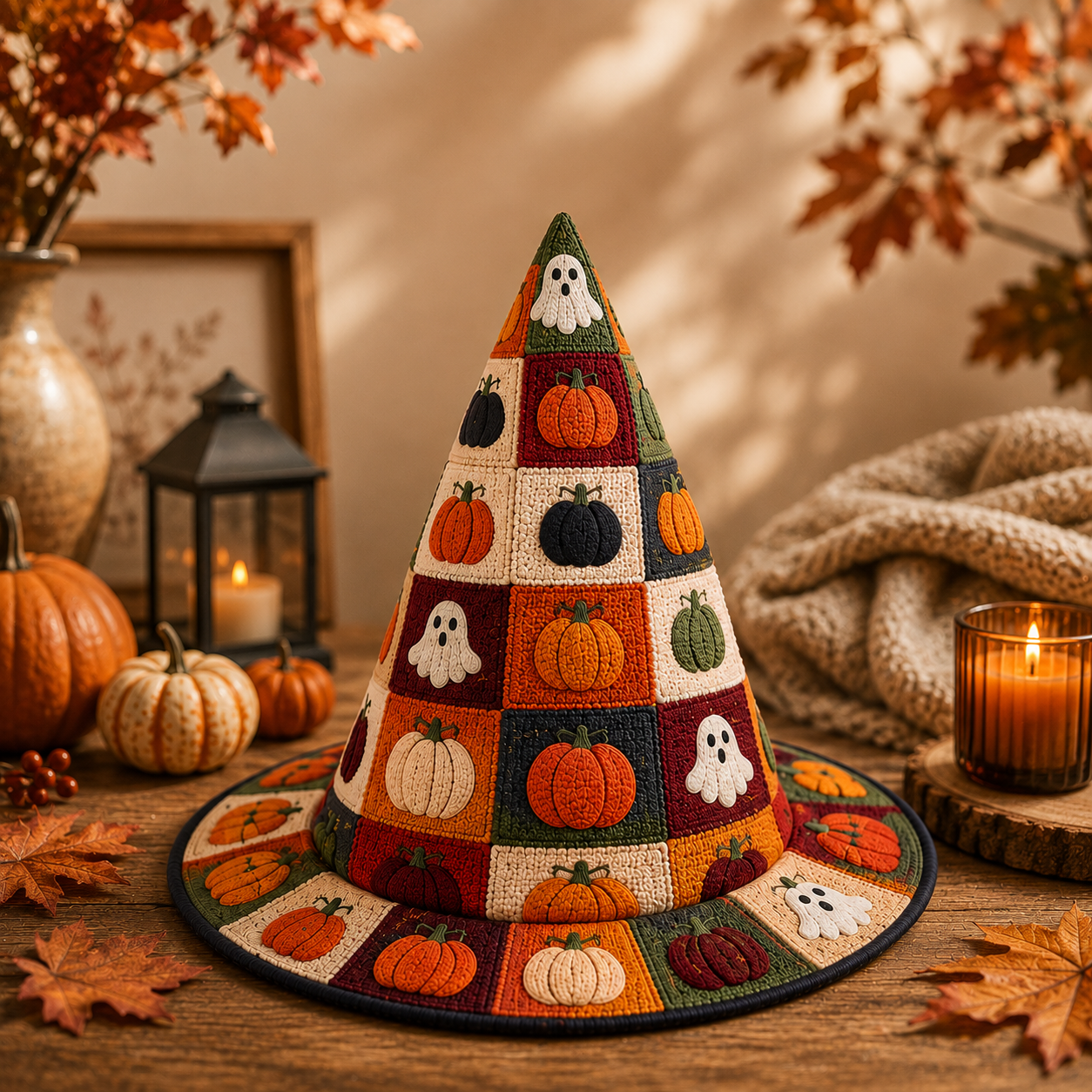 Ghost And Pumpkin Halloween Quilted Witch Hat UKND6070815