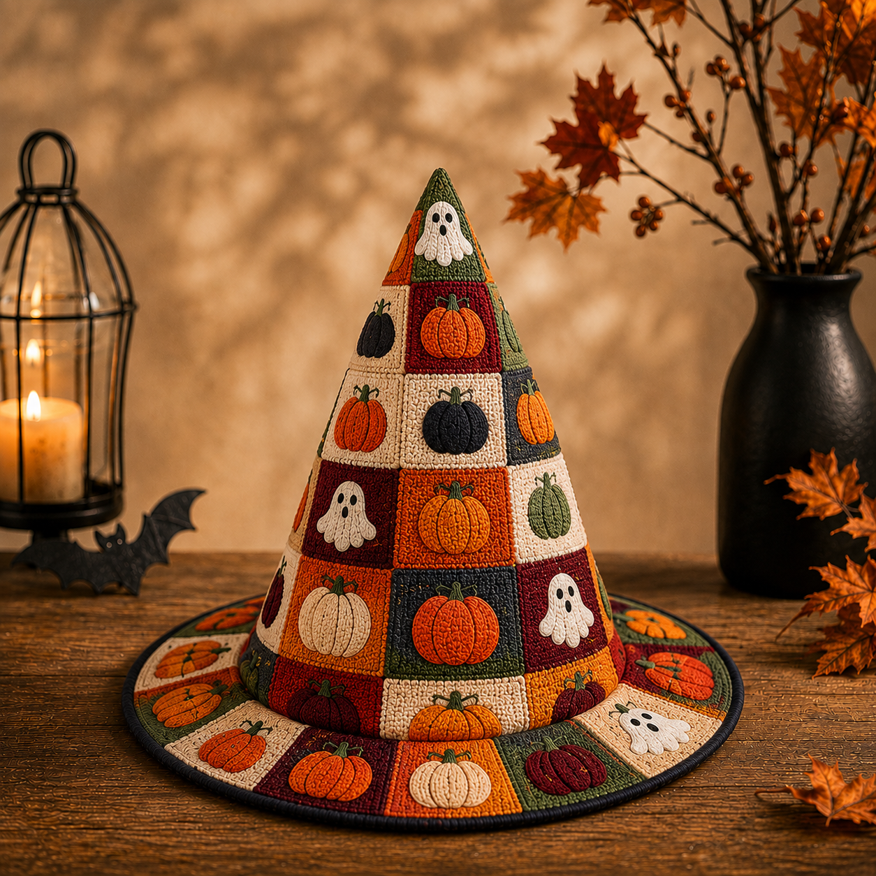 Ghost And Pumpkin Halloween Quilted Witch Hat UKND6070815
