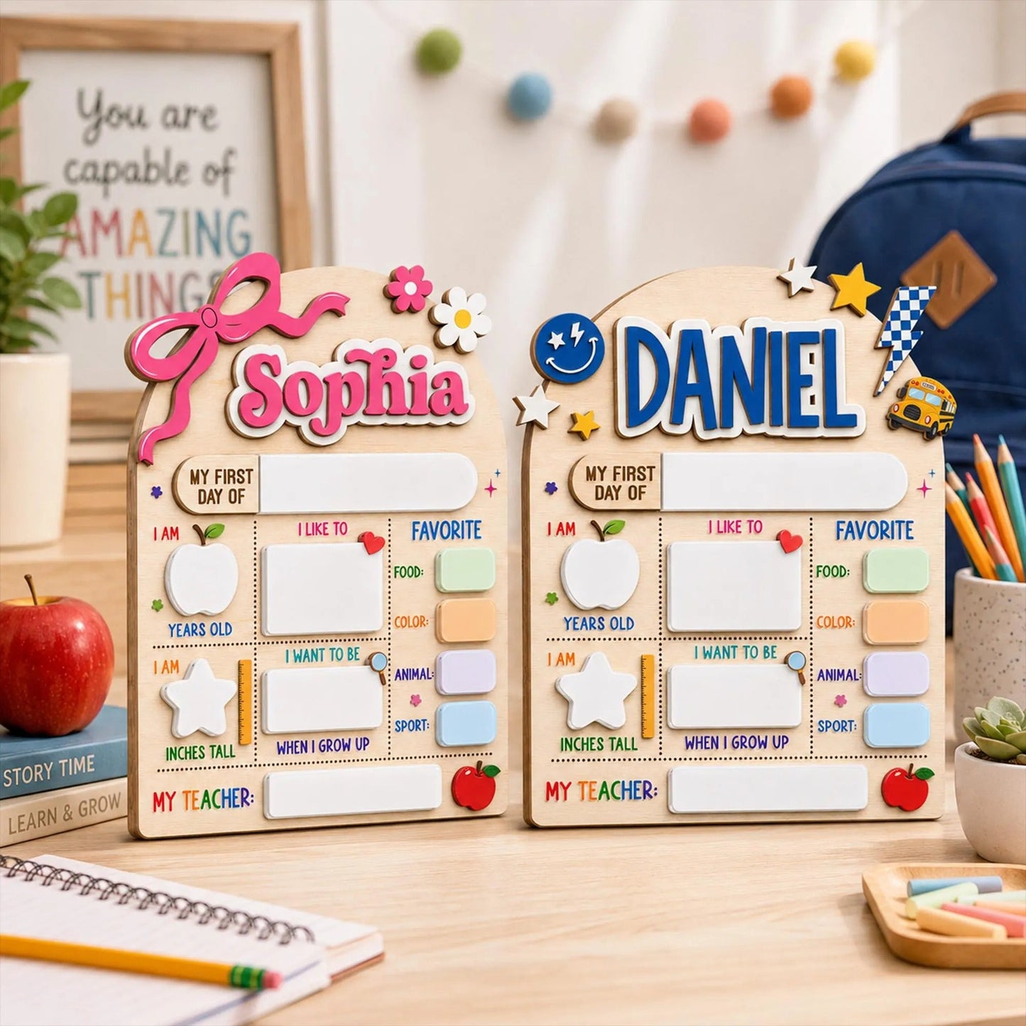Custom Name First Day Of School Reusable Wooden Sign, Back To School Sign UKTD6080704