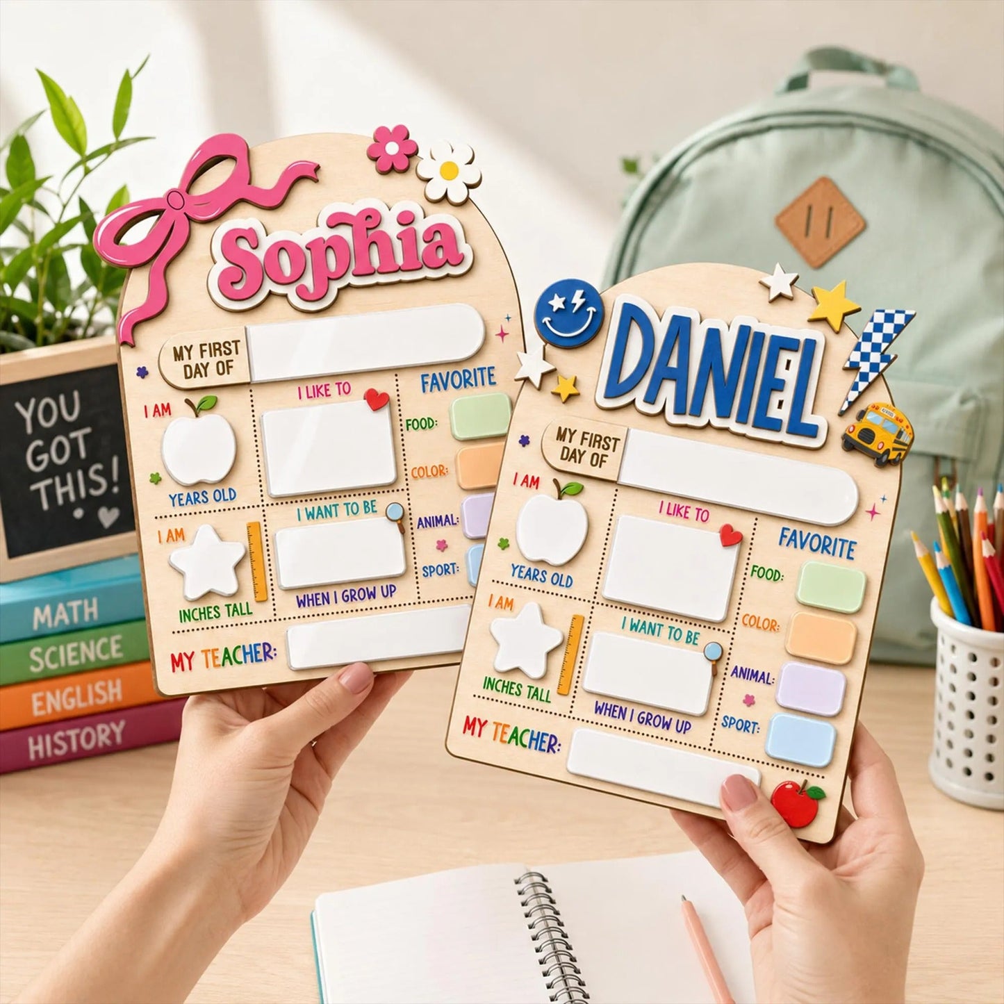 Custom Name First Day Of School Reusable Wooden Sign, Back To School Sign UKTD6080704