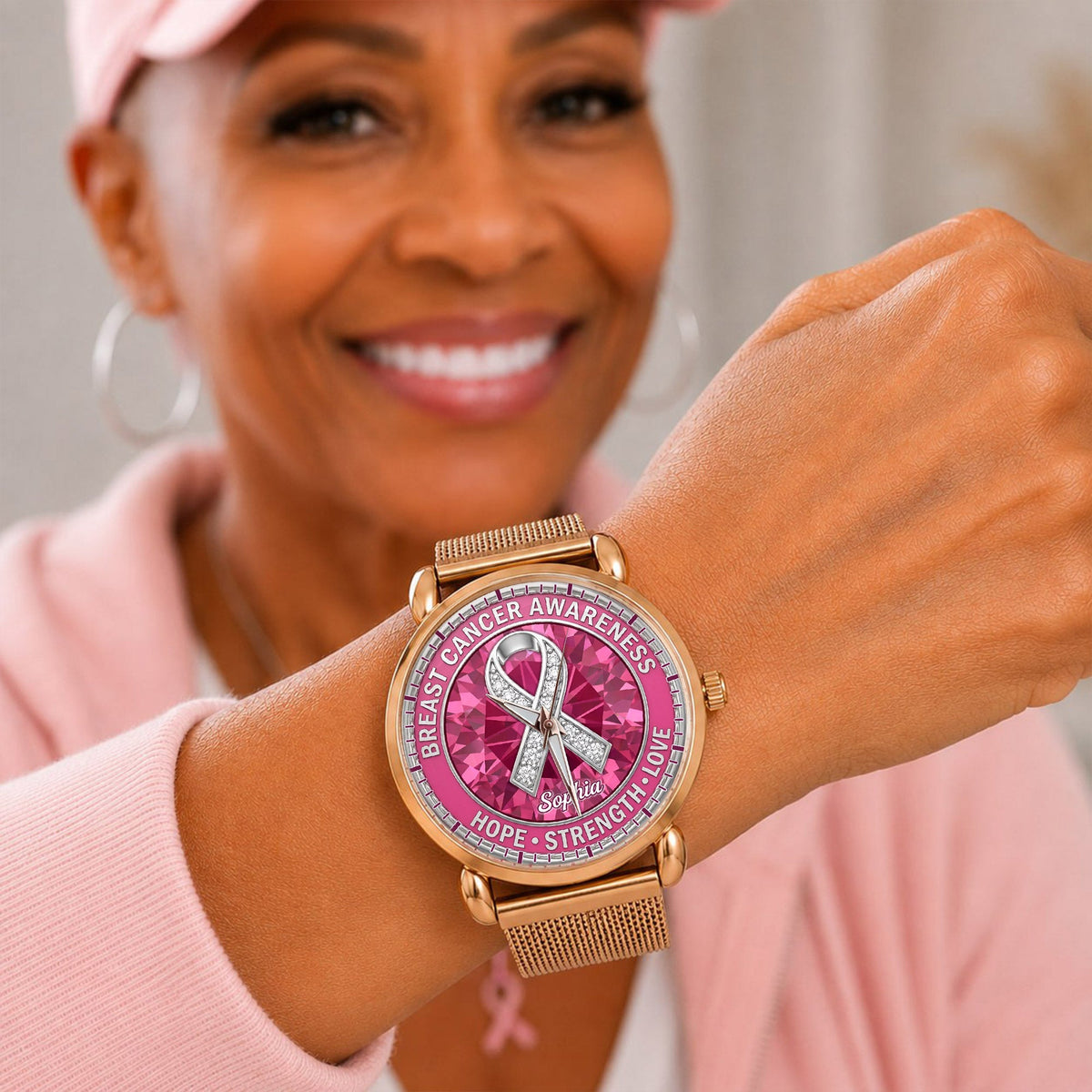 Personalized Breast Cancer Awareness Mesh Strap Quartz Watch UKNT6060401