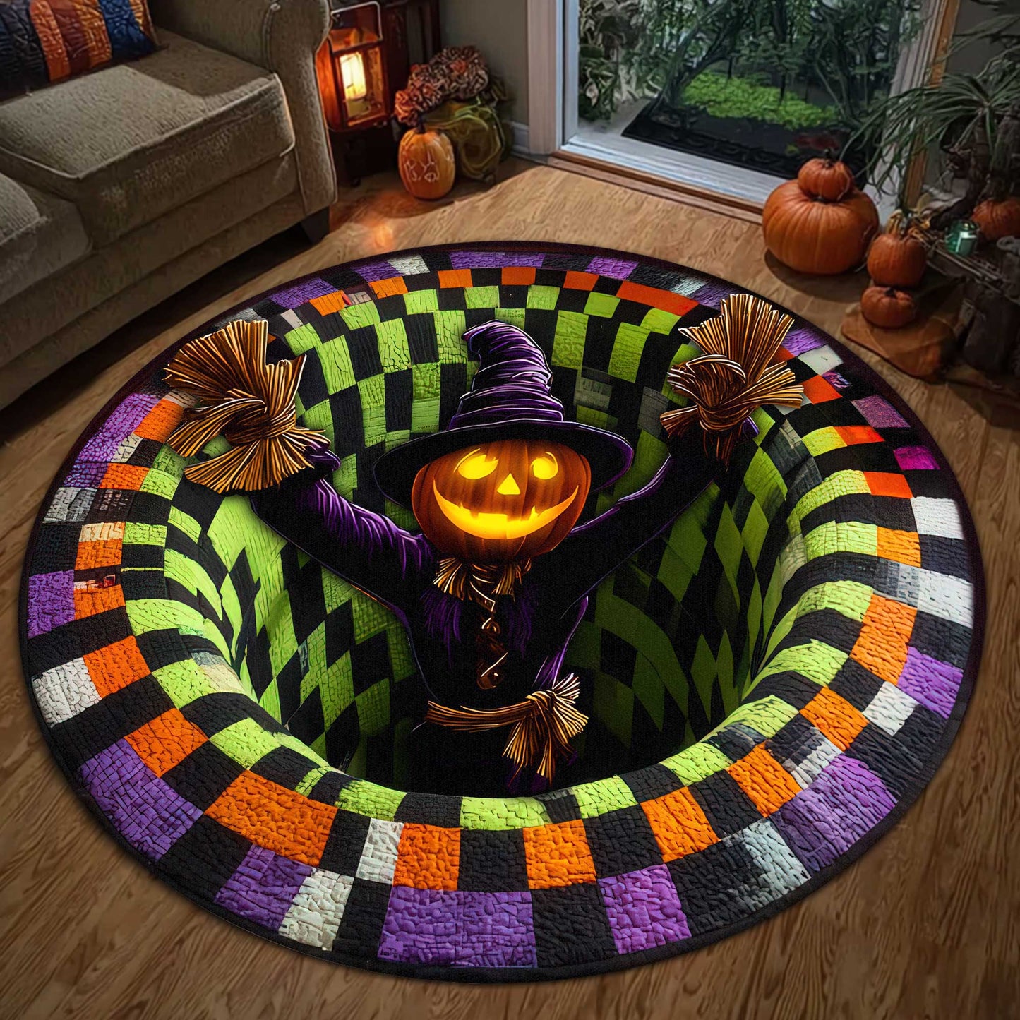 Creepy Scarecrow Halloween 3D Printed Rug, Halloween Round Mat UKND5170902